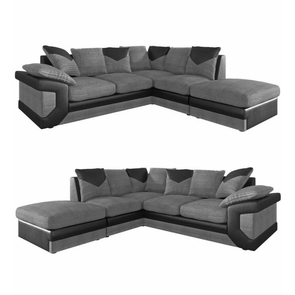Dino Jumbo Cord with Leather 4-5 Seater Fabric Corner Sofa in Grey with Black
