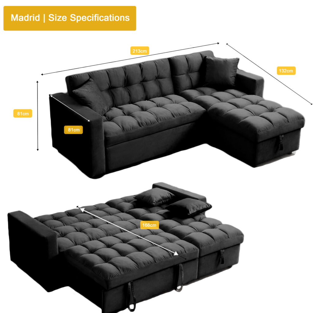 Madrid Velvet 3 Seater Pullout Sofa Bed in Black with Reversible Storage Chaise