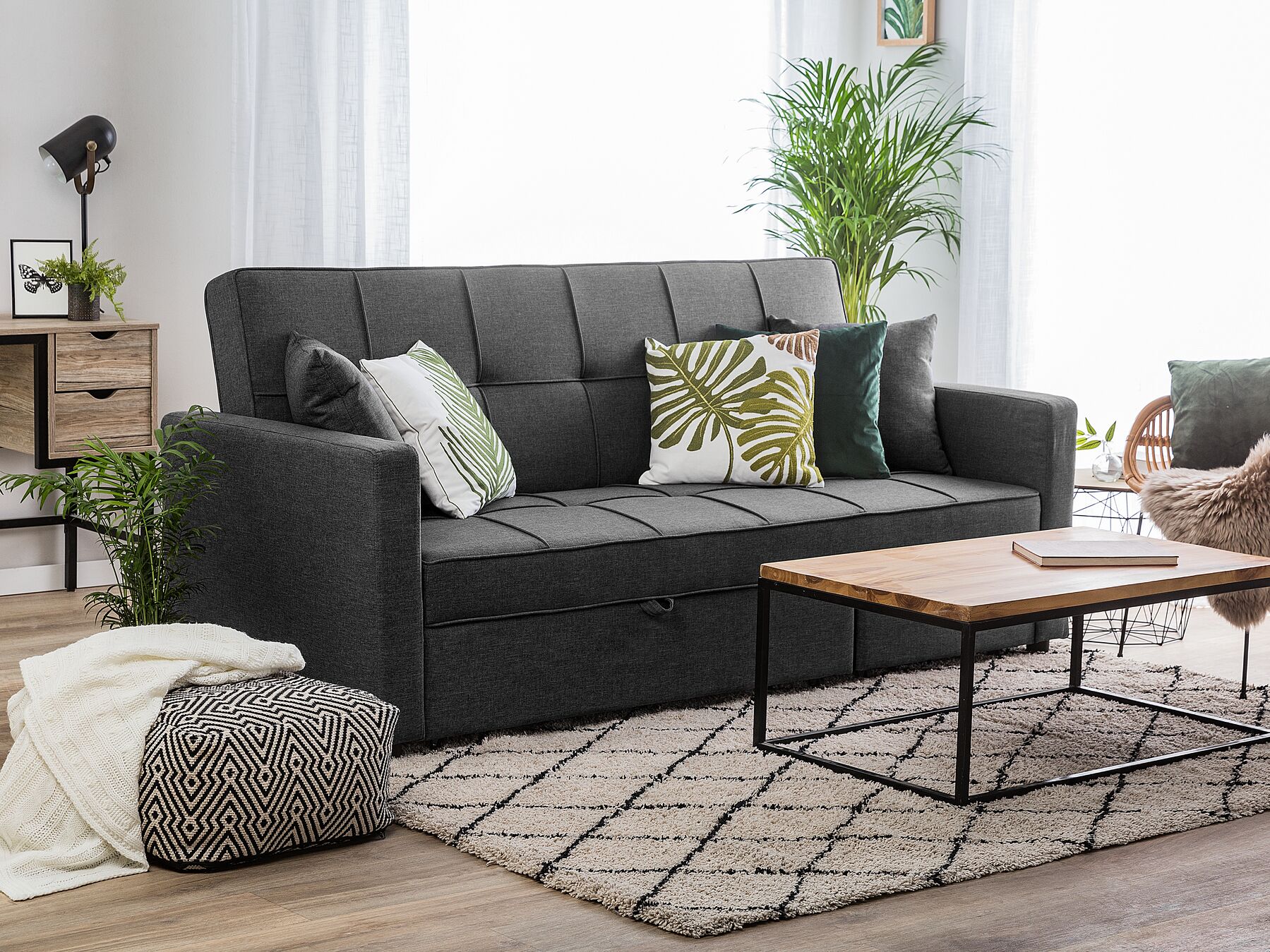 Malthe Linen Fabric 3 Seater Pullout Sofa Bed in Dark Grey