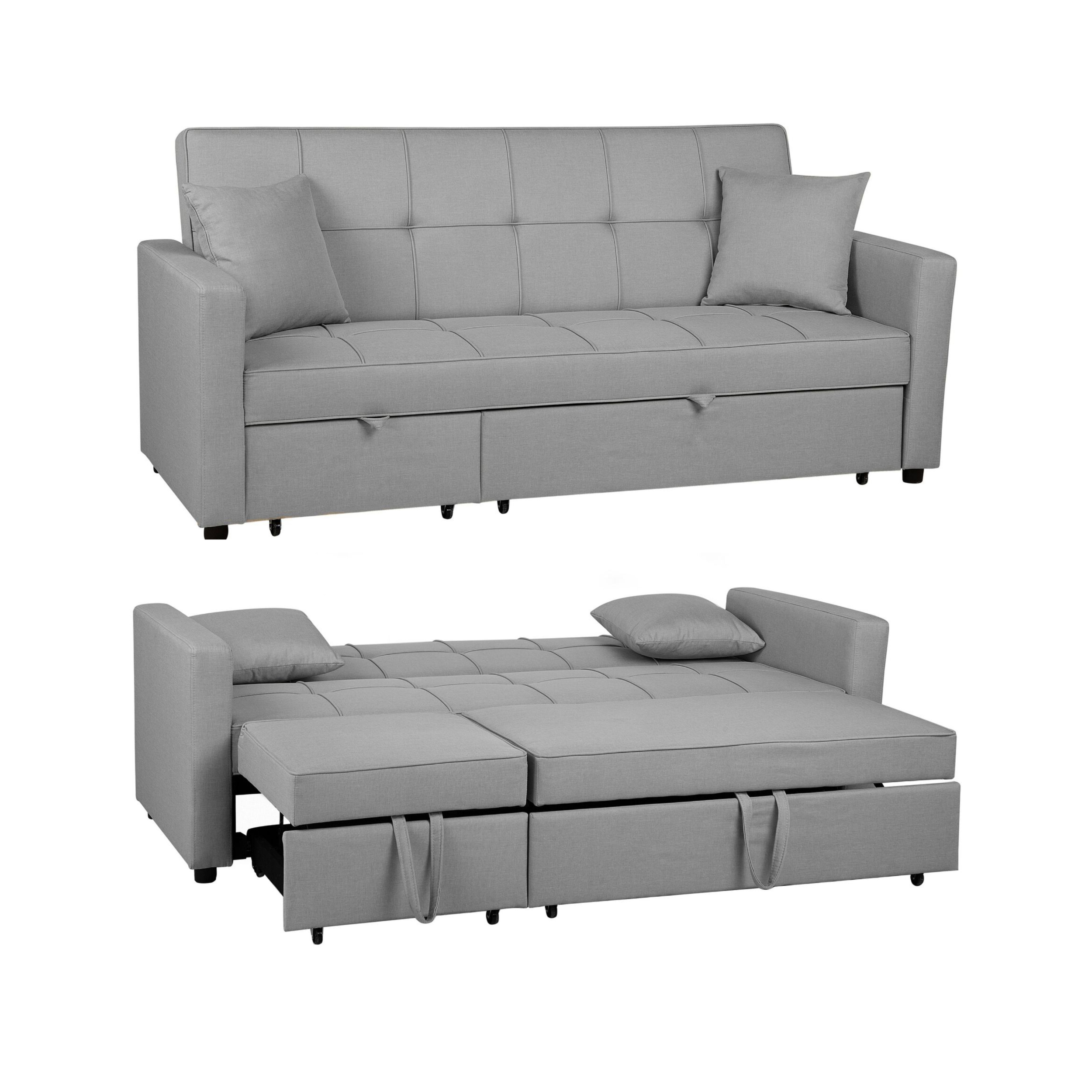 Malthe Linen Fabric 3 Seater Pullout Sofa Bed in Light Grey